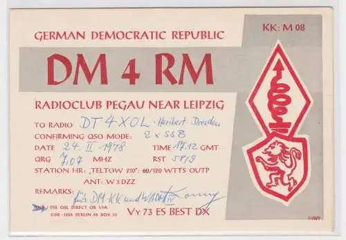 85771 QSL Karte Amateur Funker DDR Radiaoclub Pegau bei Leipzig 1978