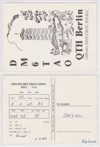 901118 QSL Karte Amateur Funker DDR Berlin mit Turm 1969