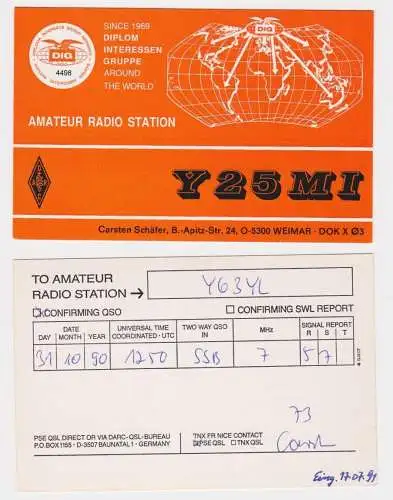901545 QSL Karte Amateur Funker DDR Weimar mit Weltkarte 1990