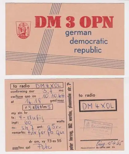 901186 QSL Karte Amateur Funker DDR Werdau mit Stadtwappen 1964