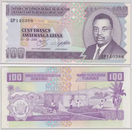 100 Francs Banknote Banque de la Republique du Burundi 2001 P37c UNC (159201)