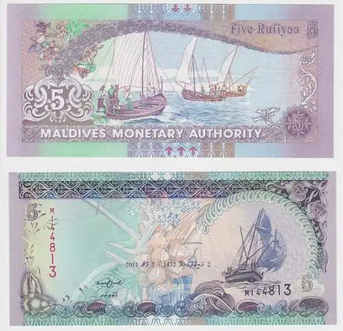 5 Rufiyaa Banknote Malediven 2011 Pick 18 d UNC kassenfrisch (159323)