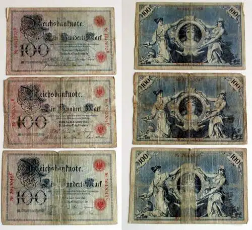 3 x 100 Mark Reichsbanknoten Deutsches Reich 1898, 1903, 1905 (159294)