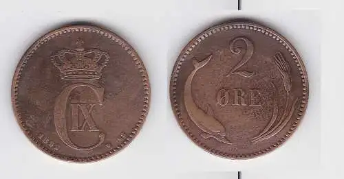 2 Öre Kupfer Münze Dänemark 1892 Delphin (130411)