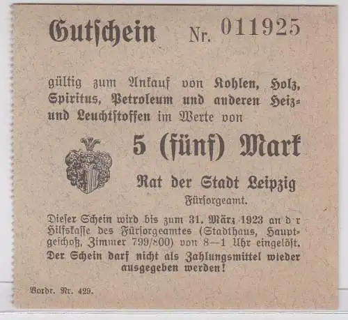 5 Mark Kohle Holz Gutschein Stadt Leipzig 31.März 1923 (120658)