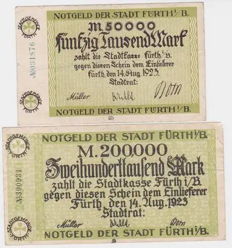 50 & 200 Tausend Mark Banknoten Stadt Fürth i.B. 14.8.1923 (120493)