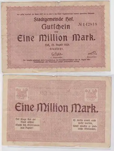 1 Million Mark Banknote Inflation Stadtgemeinde Hof 6.August 1923 (121822)