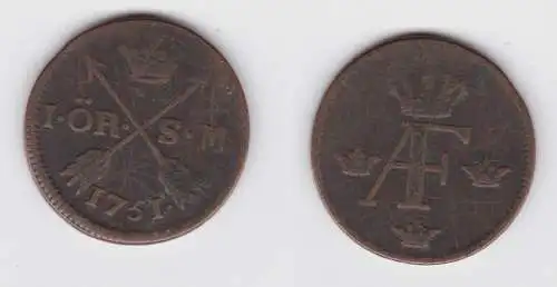 1 Öre Kupfer Münze Schweden 1751 Adolph Friedrich S.M. (143105)