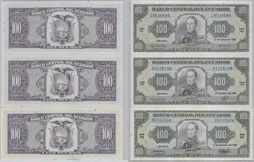 3x 100 Sucres Banknote Ecuador 1992-1994 bankfrisch UNC Pick 123 (153918)