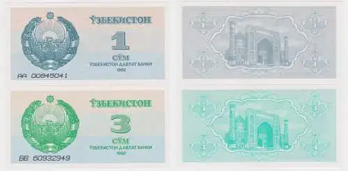 1 und 3 Sum Banknoten Usbekistan Uzbekistan 1992 kassenfrisch (123724)