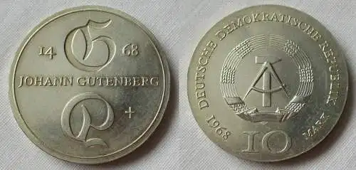 DDR Gedenk Silber Münze 10 Mark Johann Gutenberg 1968 Stempelglanz (115455)