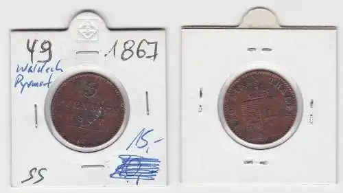 3 Pfennig Kupfer Münze Waldeck und Pyrmont 1867 B (142113)