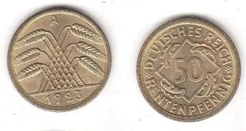 50 Rentenpfennig Messing Münze Deutsches Reich 1923 A, Jäger 310 (114595)