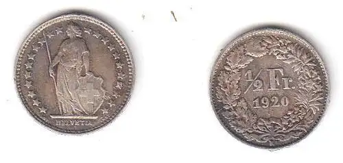 1/2 Franken Silber Münze Schweiz 1920 B (113950)