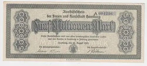 5 Millionen Mark Banknote Aushilfsschein Hansestadt Hamburg 28.08.1923 (112200)