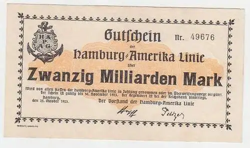 20 Milliarden Mark Banknote Hamburg Amerika Linie HAPAG 25.10.1923 (113636)