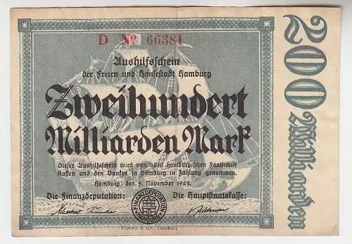 200 Milliarden Mark Banknote Aushilfsschein Hansestadt Hamburg 5.11.1923(114832)