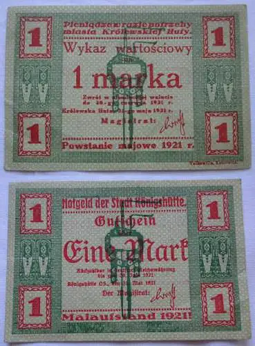 1 Mark Banknote Notgeld Stadt Königshütte Chorzów 1921 (109668)
