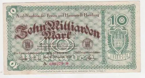 10 Milliarden Mark Banknote Aushilfsschein Hansestadt Hamburg 20.10.1923(115791)