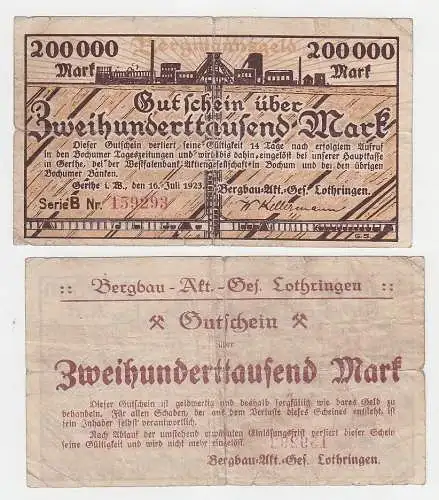 200000 Mark Banknote Gerthe Bergbau Aktiengesellschaft Lothringen 1923 (115832)