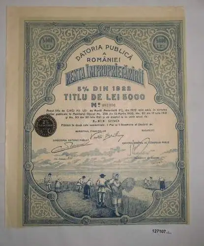 5000 Lei Aktie Datoria Publică a României Renta Împroprietăririi 1921 (127107)