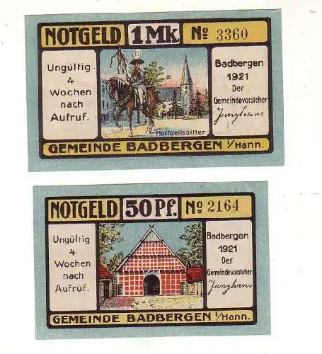 2 Banknoten 50 Pfennig 1 Mark Notgeld Gemeinde Badbergen 1921 (117036)
