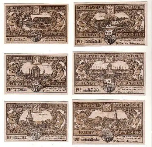 6 Banknoten 3 x 50 & 3 x 75 Pfennig Notgeld Gemeinde Husby o.D. (116067)