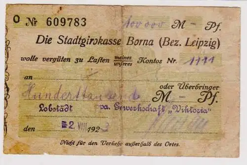 Firmenscheck 100000 Mark Banknote Stadtgirokasse Borna 2.8.1923 (120885)