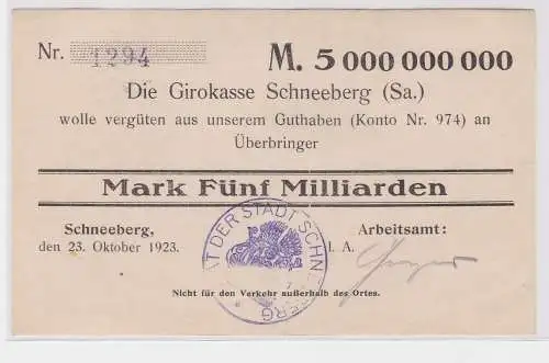5 Milliarden Mark Banknote Girokasse Schneeberg Arbeitsamt 23.10.1923 (122438)