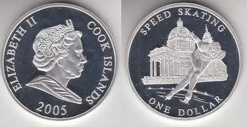 1 Dollar Silbermünze Cook Inseln 2005 Olympiade Turin 2006 Eisschnellauf(116682)