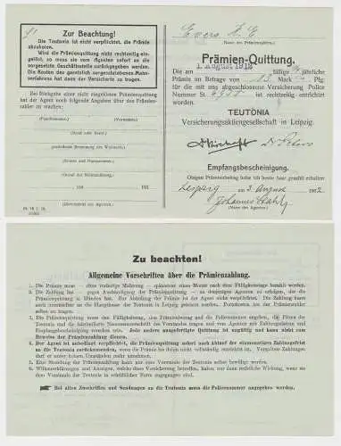 Prämien-Quittung Teutonia Versicherungsaktiengesellschaft Leipzig 1912 (132778)