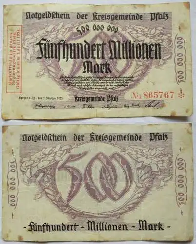 500 Millionen Mark Banknote Notgeld Kreisgemeinde Pfalz Speyer 1.10.1923(142035)