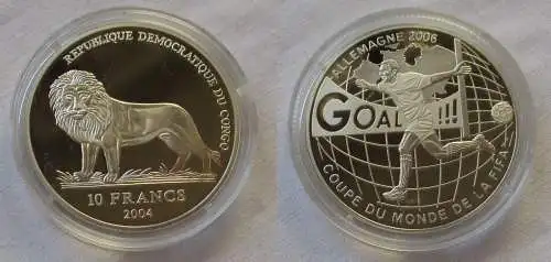 10 Francs Silbermünze Kongo Congo 2004 Fussball WM in Deutschland 2006 (120086)