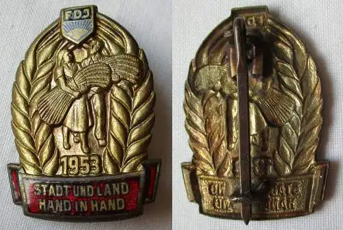 DDR Abzeichen FDJ Erntenadel "Stadt und Land Hand in Hand" 1953 (142156)
