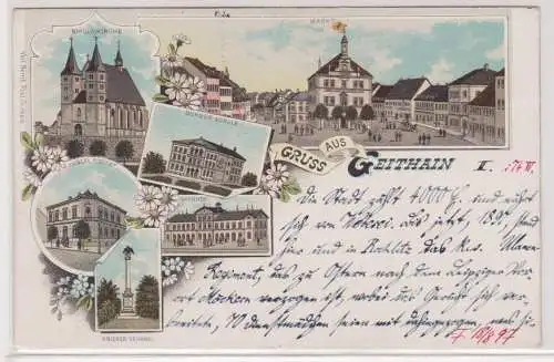 15971 Ak Lithographie Gruß aus Geithain Bahnhof, Post, Schule usw. um 1900