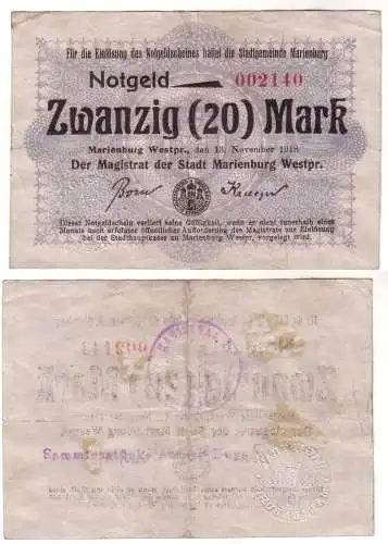 20 Mark Banknote Notgeld Stadtgemeinde Marienburg 13.11.1918 (112522)
