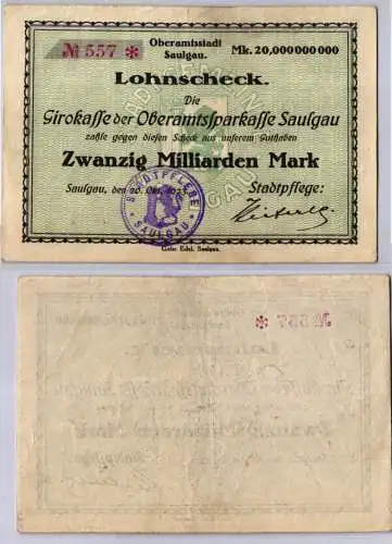 20 Milliarden Mark Banknote Girokasse Oberamtssparkasse Saulgau 1923 (120831)