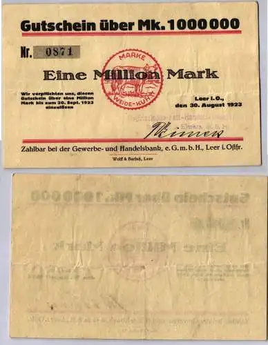 1 Million Mark Banknote Inflation Handelsbank Leer in Ostfr. 30.8.1923 (122470)
