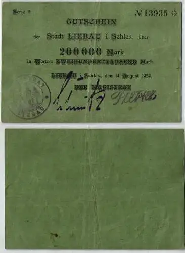 200000 Mark Banknote Gutschein Stadt Liebau in Schlesien 14.08.1923 (120955)