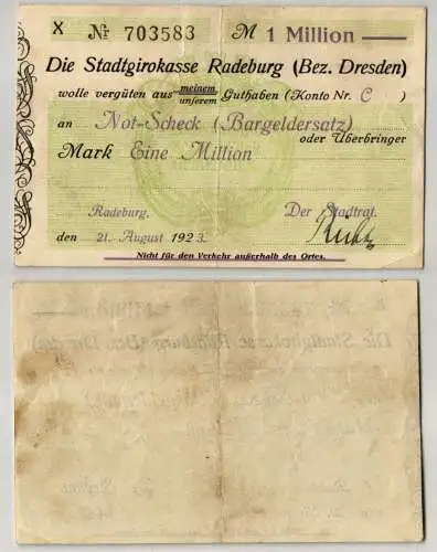 1 Million Mark Banknote Girokasse Radeburg 21.August 1923 (105530)