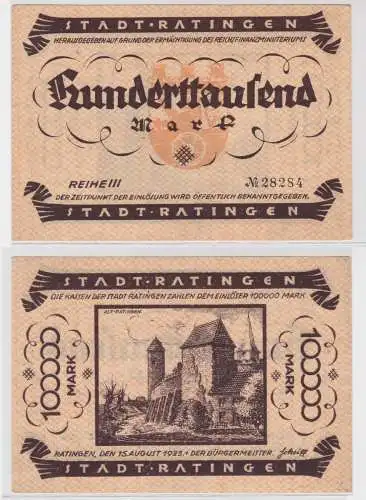 100000 Mark Banknote Inflation Stadt Ratingen  15.8.1923 (135660)