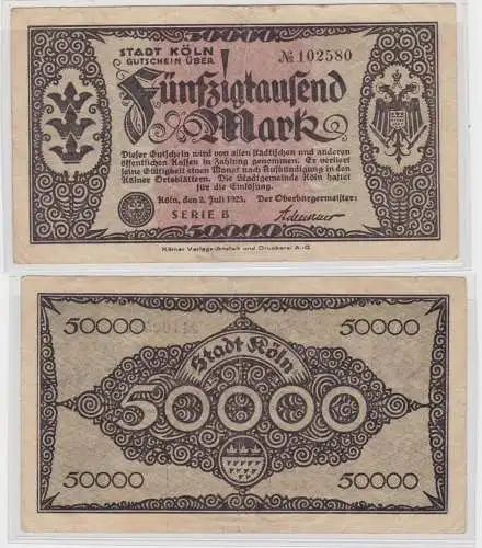 50000 Mark Banknote Notgeldschein Köln 2. Juli 1923 Serie B (135551)