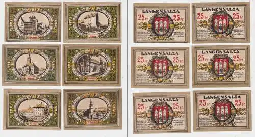 6 x 25 Pfennig Banknoten Notgeld Stadt Langensalza 1921 (122593)