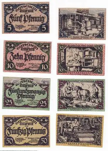 5, 10, 25 & 50 Pfennig Banknoten Notgeld Stadt Triebes 1920 (129955)