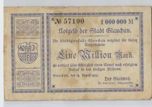 1 Million Mark Banknote Inflation Stadt Glauchau 21.August 1923 (129223)