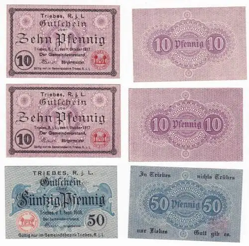 2x 10 & 50 Pfennig Banknoten Notgeld Stadt Triebes 1917 (129423)