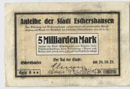 5 Milliarden Mark Banknote Inflation Stadt Eschershausen 24.10.1923 (129070)