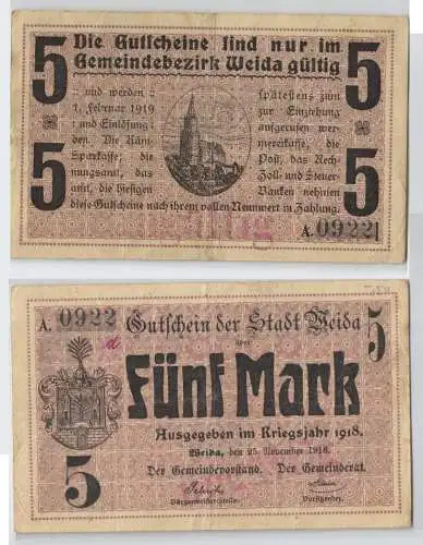 5 Mark Banknote Notgeld Stadt Weida  25.November 1918 (129144)
