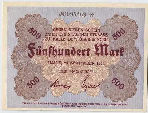 500 Mark Banknoten Stadt Halle 25.September 1923 kassenfrisch (129210)