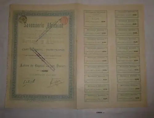100 Francs Aktie Savonnerie Africaine, Siège social Wavre, Belgien 1900 (128806)